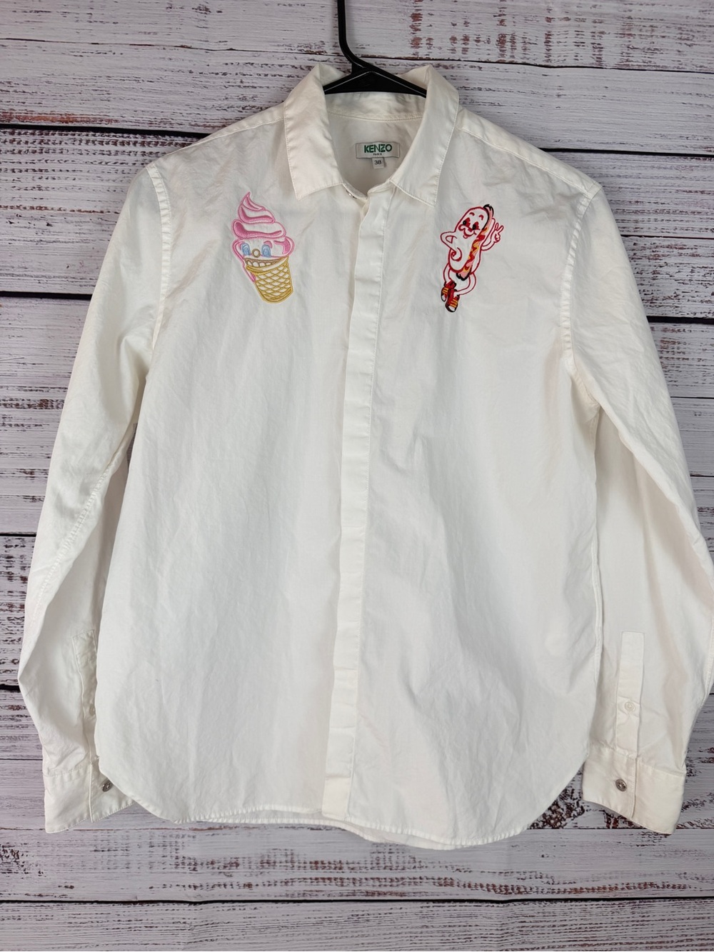 KENZO Paris Embroidered Ice Cream Hot Dog Button Up Shirt White Size 38